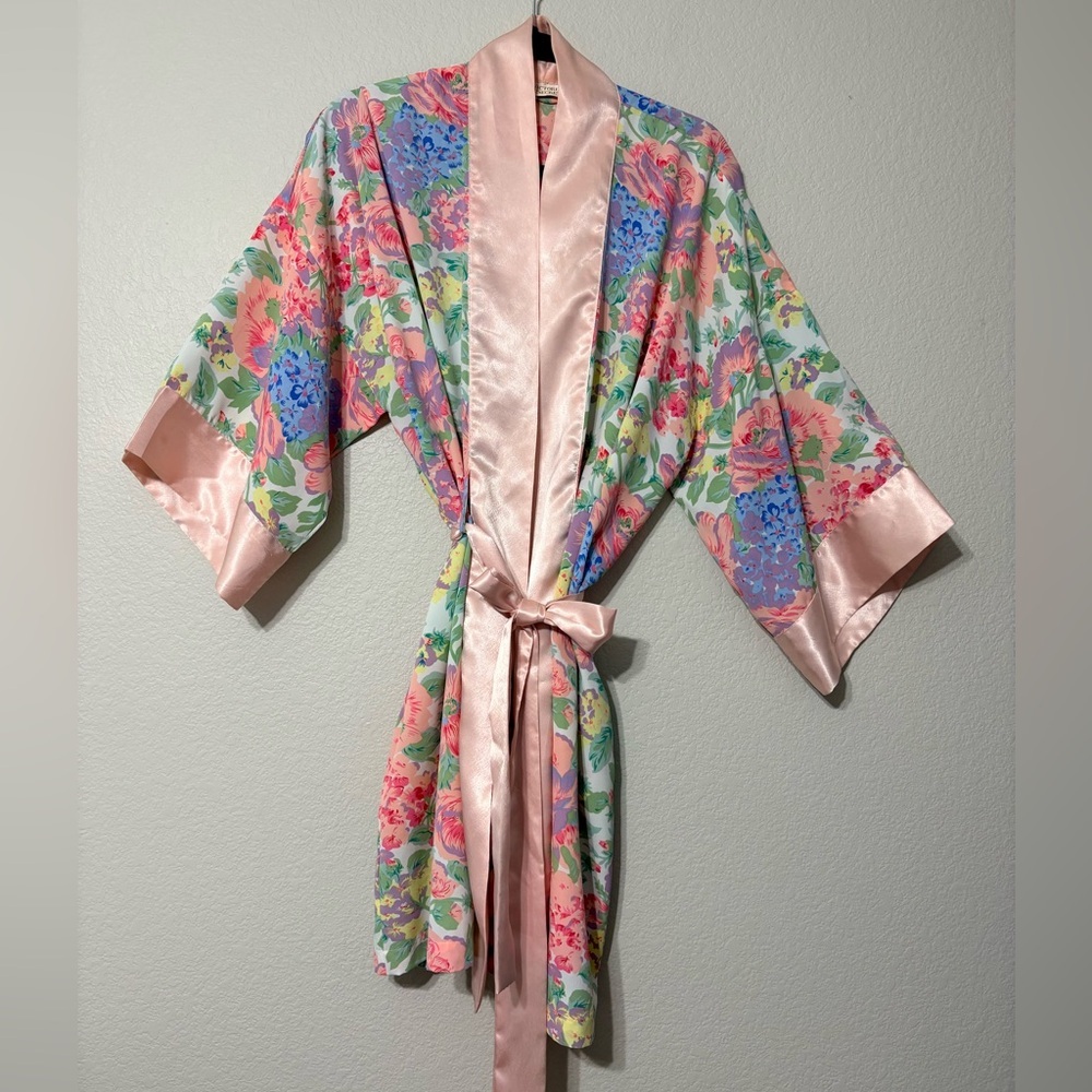 Vintage Victoria's Secret Gild Label Floral Satin Kimono Robe, Belt - Multicolor - Picture 3 of 11